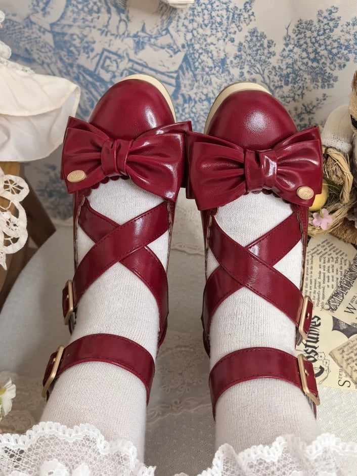 Grain PU Wood Mary at - Red with Janes Top Sole Bow Crisscross Sweet Straps Platform Lolita