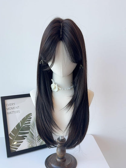 Yellow Tea/Brownish Wig Straight Black Curtain Bangs with 65CM