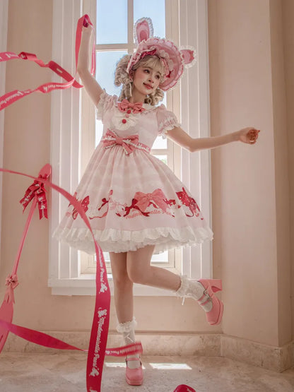 Kurze Schleifen Rosa Stück Ein Süßes Kleid und Ärmel Print Lolita Bunny