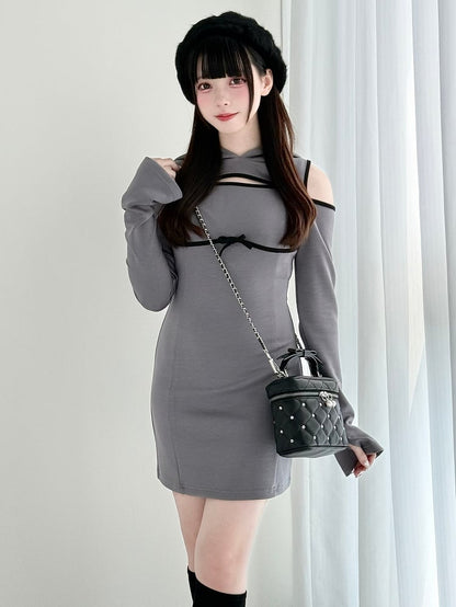 Jirai Hoodie Schulter Grau Daywear Cutout Kei Über Dem Knie - Brust Kleid