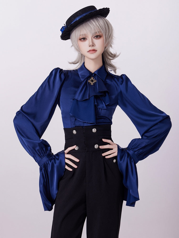 Royal Blue Foldover Collar Pleated Top with Jabot and Layered Ruffle Sleeves - DevilInspired Exclusive Collection