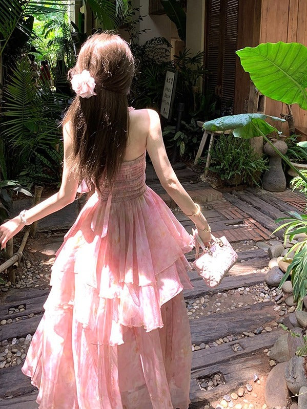 Pink Oil Painting Print Ruffle Trim Summer Holiday Dress - Qchiwawameme