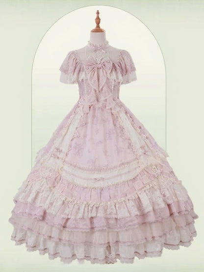 Refined Pink Lace-Trim Floral Embroidered Lolita Dress with Bow Train - Mademoiselle Pearl