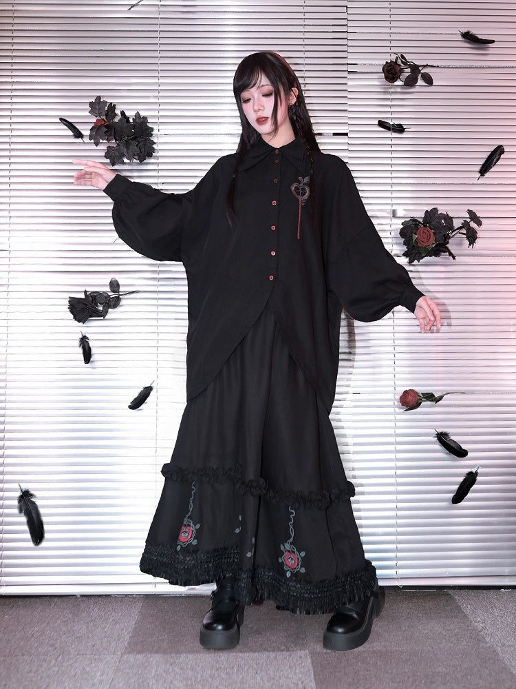 Asymmetrical Black Apple Hem Embroidery Sleeve Long With Shirt Curved Gothic