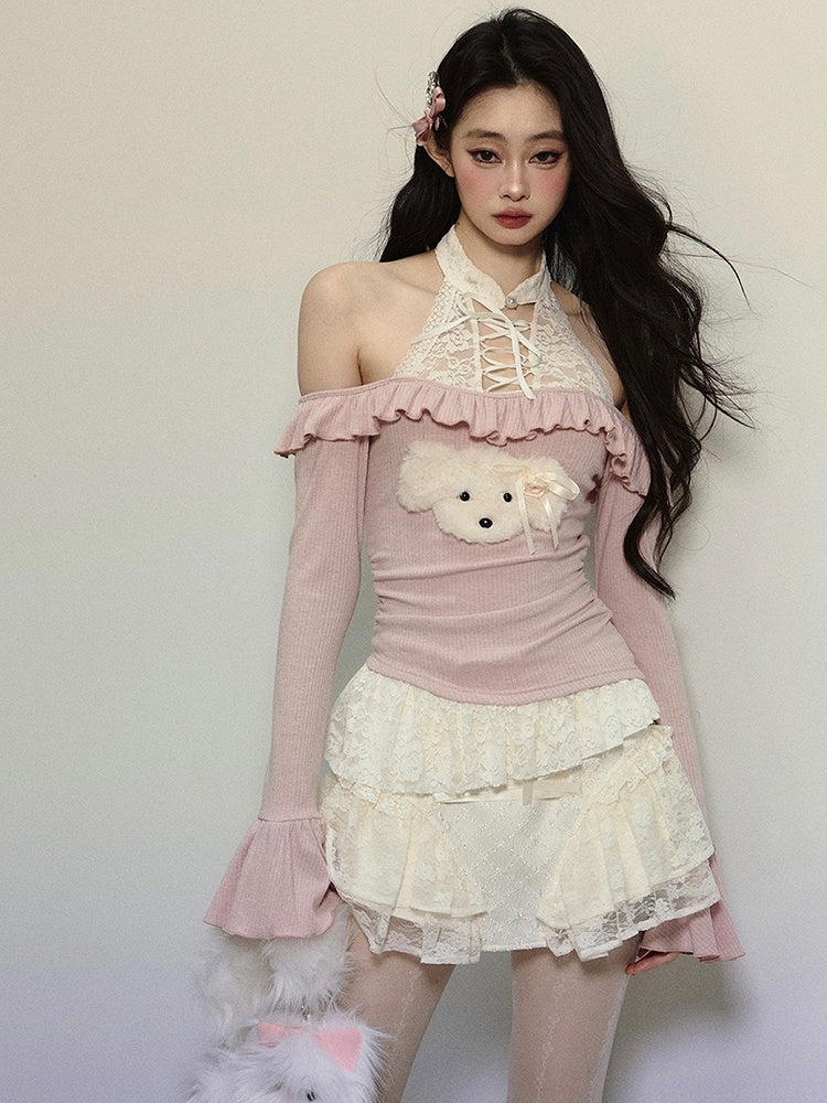 Pink Cute Puppy with Lace Halter Neck Knit Top