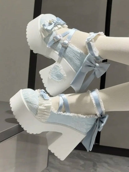 High Block Fastener Ornate Heels Crystal Baby Blue Lolita Sweet -