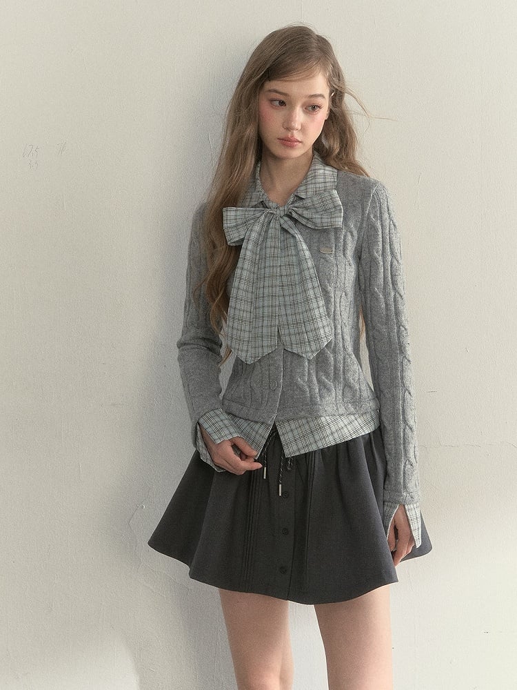 Sweater Two-piece Faux Elegant Vintage Gray Plaid