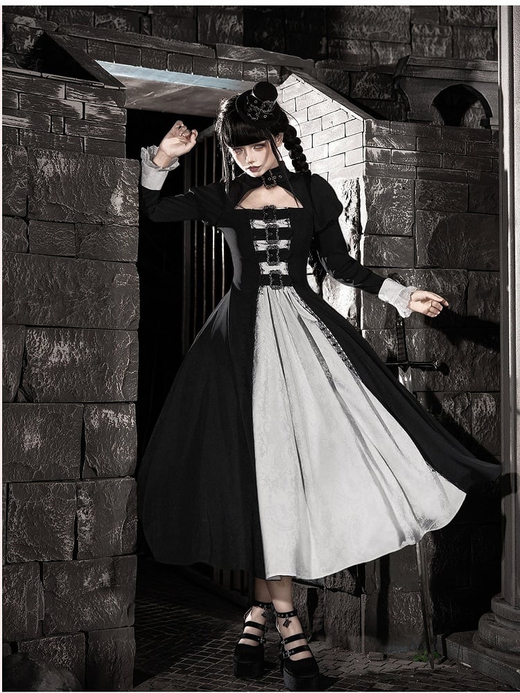 Black and White Gothic Long Lolita OP Gown with Metal Buckle and Mini Hat Set - With PUJI