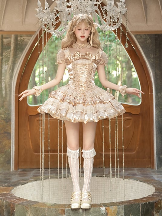 Ärmel Korsett Lolita Kitty Kurzes Kleid Print und Bunny Puff Champagner