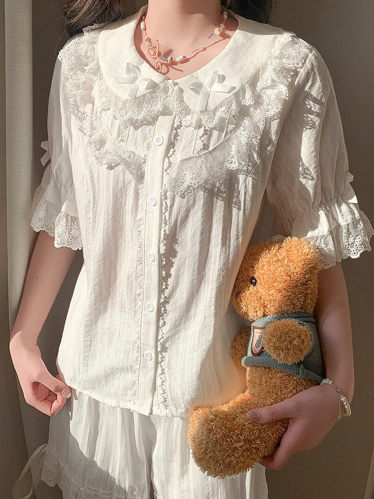 White Kawaii Lace Trim Blouse - Lan Jian Chuan