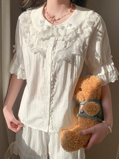 White Kawaii Lace Trim Blouse - Lan Jian Chuan