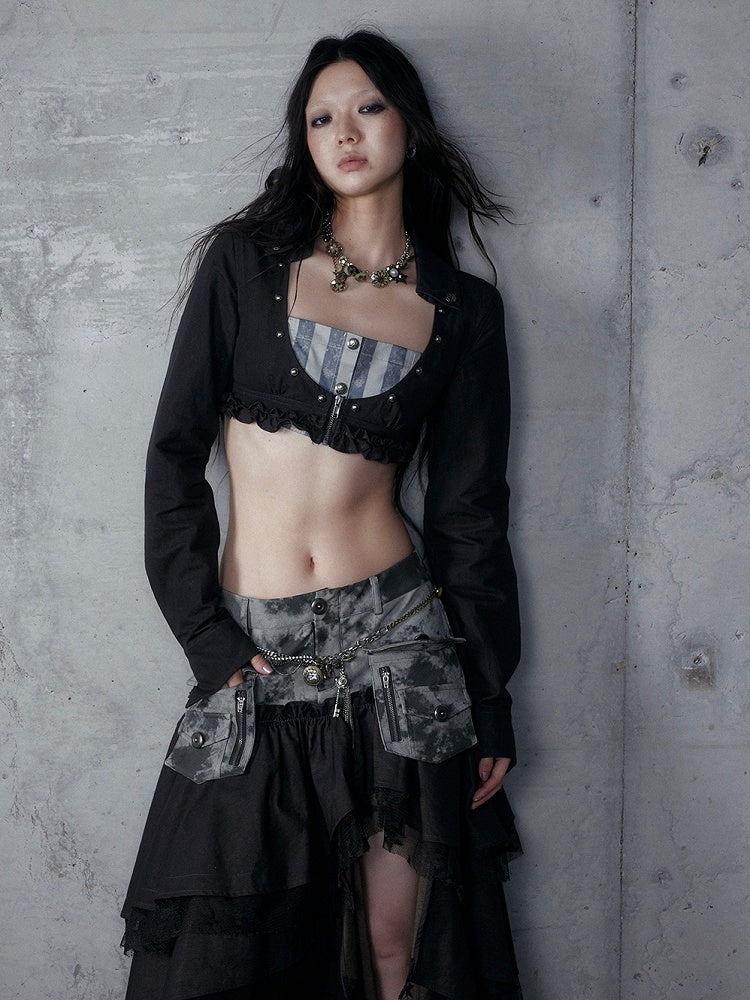 Gray Shirt: Length Underbust Vintage with Cropped Punk Black