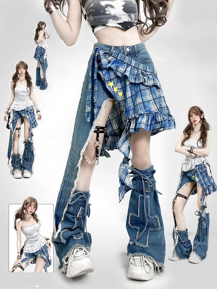 Stulpen + Shorts mit blauem Aufdruck am Saum, glamouröses Muster, bittersüßes asymmetrisches Stern-Set – karierter Applikationsrock, Beinkreuz