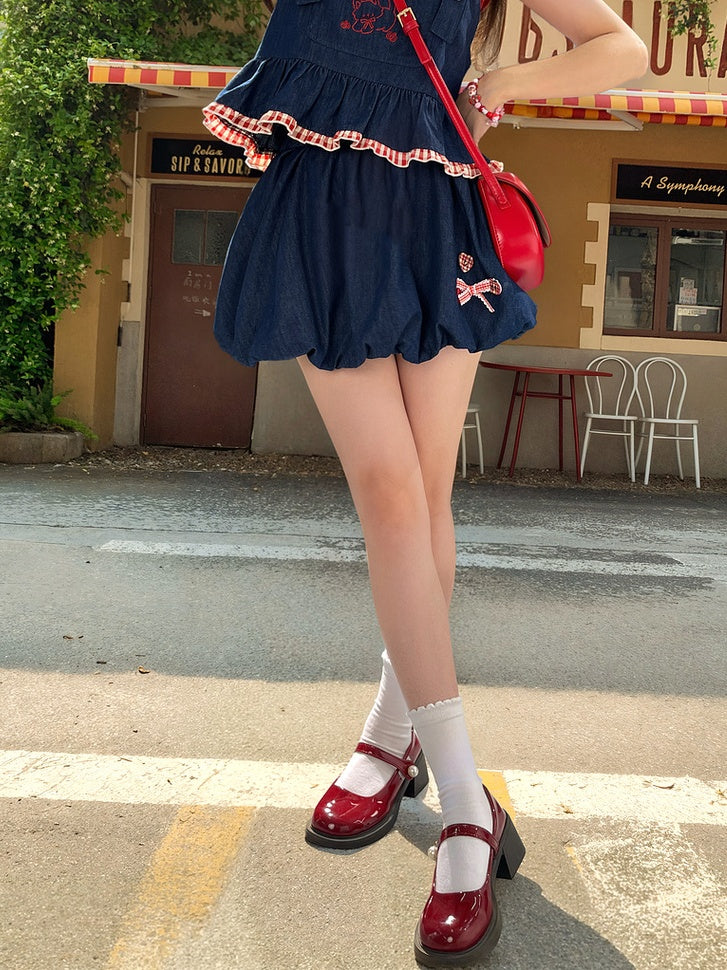 Buttons Faded Wash Denim Bubble Skirt Plaid Blue Elastic Waist