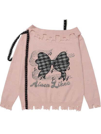 Pink/Black/White Bowknot Applique Asymmetrical Neckline Sweater Distress Trim
