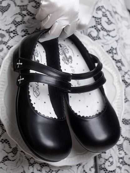 Flats Strap Embroidery Velcro Round Black Toe Cross Gothic Closures