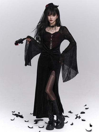 with Thigh-High Black Halloween Gothic Sleeves Bell Spiderweb Red Slit Dress