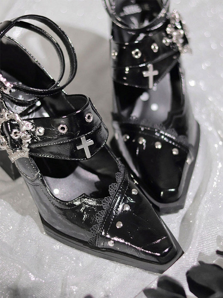 Textured Metal Cross Block Heels Buckles Punk in Black Coffin Chunky 8.5/5cm Gothic Toe with Pointed