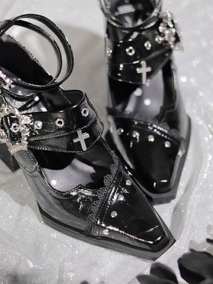 Textured Metal Cross Block Heels Buckles Punk in Black Coffin Chunky 8.5/5cm Gothic Toe with Pointed