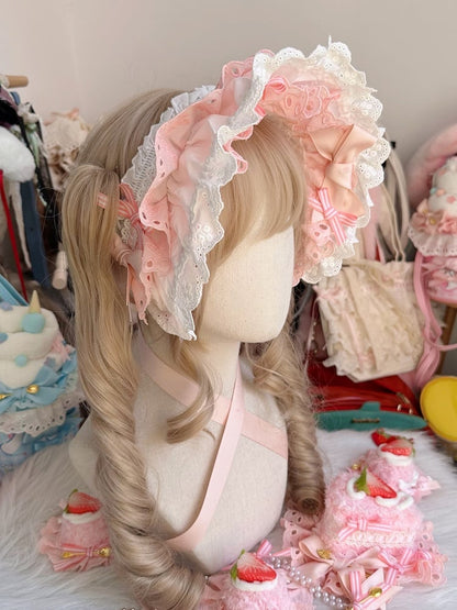 with Ribbon Pink Sweet Bonnet Lolita Striped Lace Bows