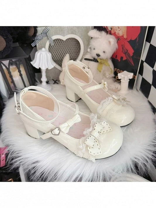 Butterfly Round Toe White Heel Kawaii Shoes Mary Bow Mid Jane