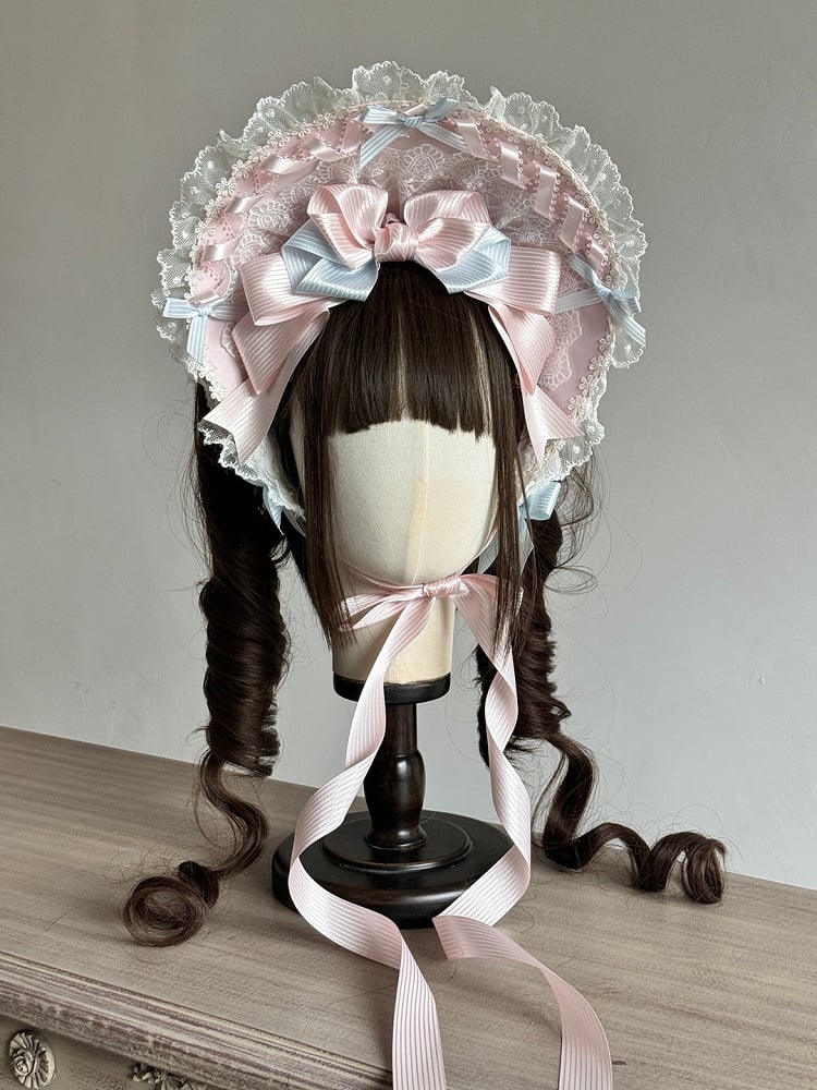Bonnet Pink/Pink with Lace-Trimmed Striped Blue Bowknots
