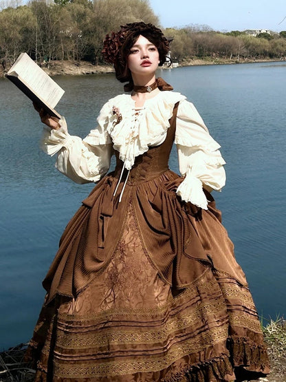 Lolita Brown Bust with Under Waist Embroidery Dress Detail Gothic Boned