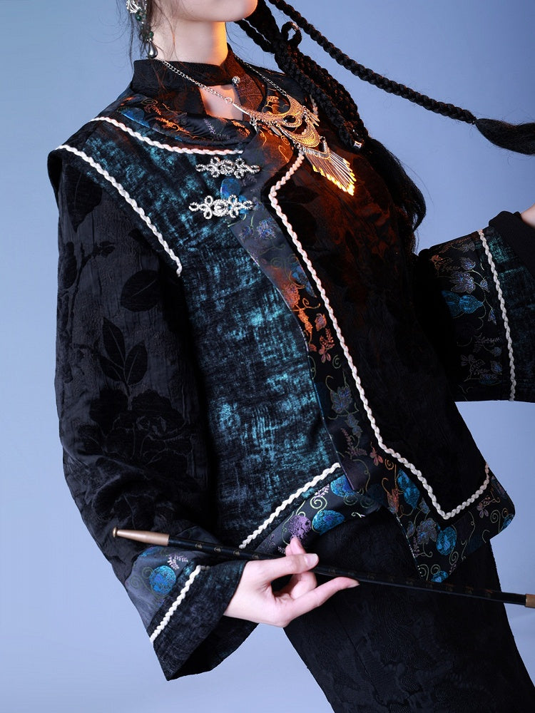 Chinese Style Long Bell Sleeve Top with Floral Embroidery - sijinstudio