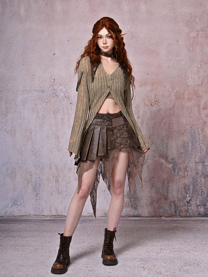 Skirt Punk Dark Pleated Wasteland Handkerchief Chains Brown Decorated