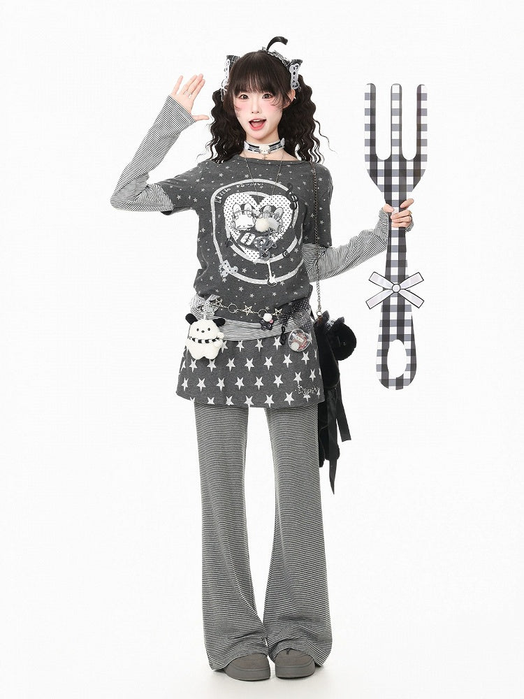 Otaku Style Gray Two-Piece Look Round Neck Long Sleeve Shirt with Bunny & Star Motif - Languid Park