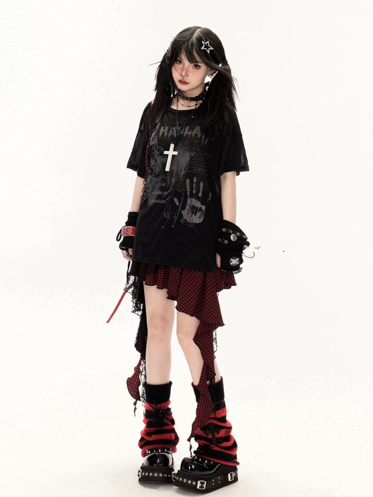 Coverup White/Black Round Neck Punk Print Semi-sheer