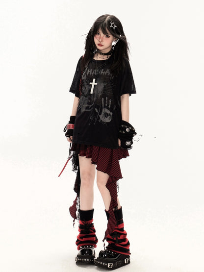 Coverup White/Black Round Neck Punk Print Semi-sheer