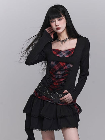 Sweetheart Neckline Distressed Holes Faux Two-pieces Red