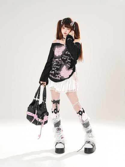 ホワイト/ブラックのトリム、伸縮性のあるウエスト、バタフライアップリケ、レース