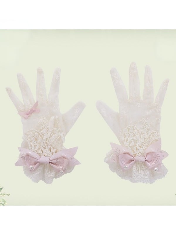 Lace Gloves with Bow Accents in Mint, White, Pink, or Green - Mademoiselle Pearl