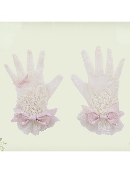 Lace Gloves with Bow Accents in Mint, White, Pink, or Green - Mademoiselle Pearl
