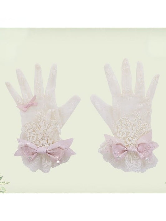 Lace Gloves with Bow Accents in Mint, White, Pink, or Green - Mademoiselle Pearl