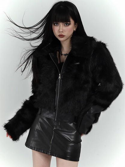 Black Zip Closure Shaggy PU Jacket