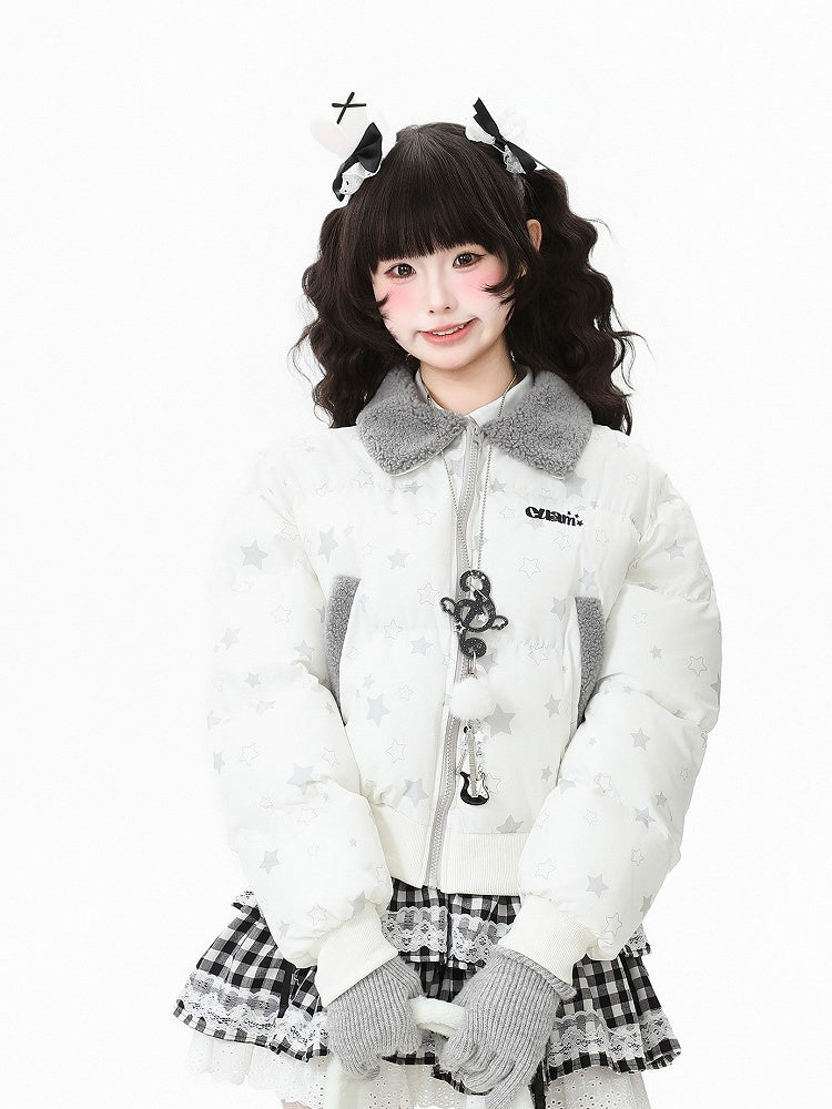Blue Closure Off-white/Dark Pattern Blouson Star with Daily Kawaii Fleece-lined Jacket Zipper