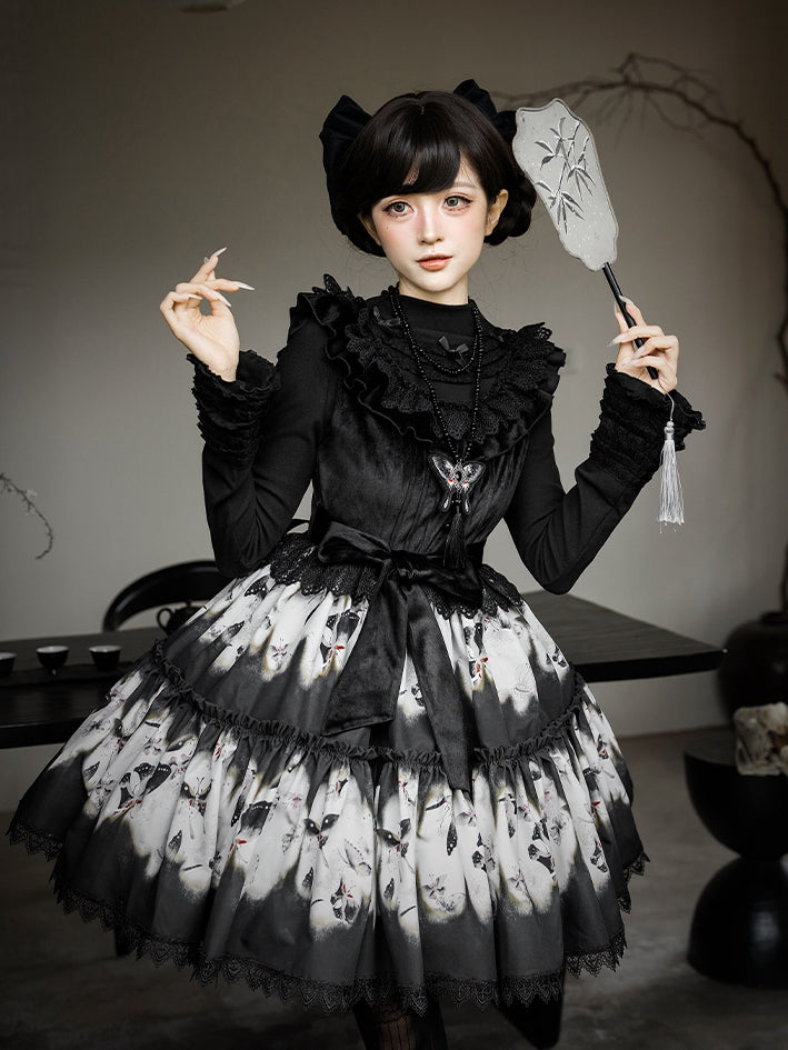 and Tassel Butterfly Necklace Embroidered Beaded Pendant Black