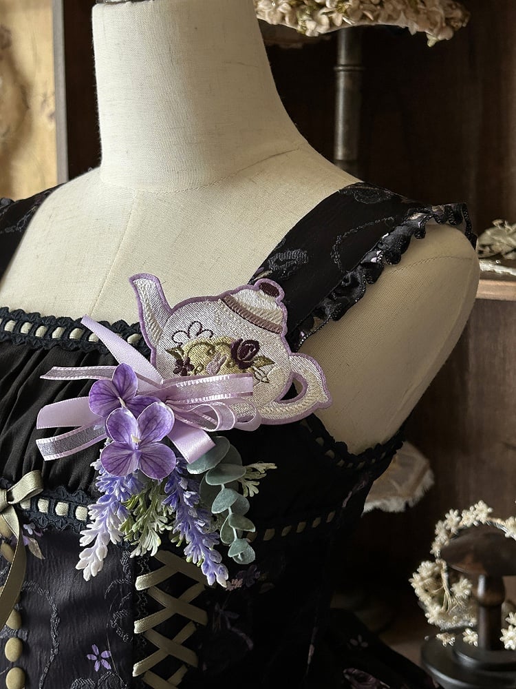 Flower Embroidery Purple Brooch Teapot +