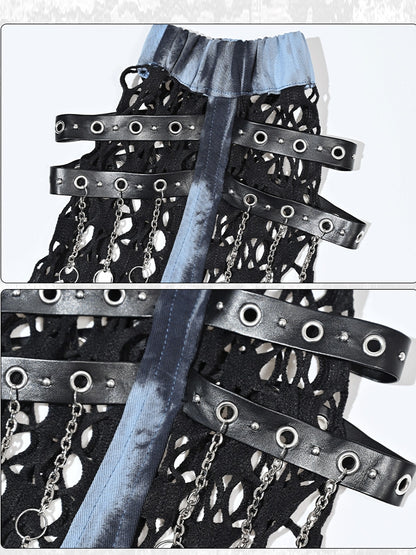 グランジパンクロックメッシュパッチワークブルー＆ブラックタイダイレッグウォーマーストラップチェーン付き