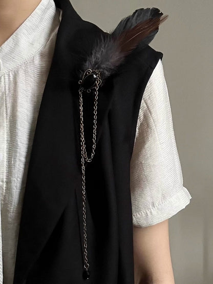 Princely Feather Brooch Notched Black Collar Set Waistcoat Style -