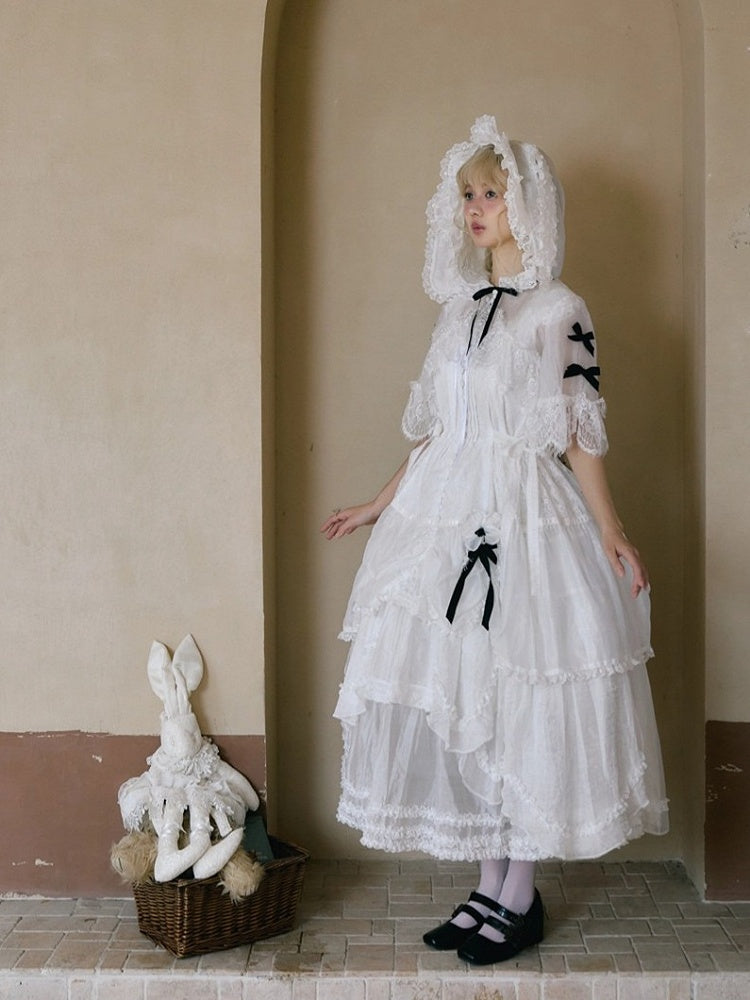 White Flutter Sleeve Petal Hem JSK with Bunny Hood & Lace Skirt Ensemble