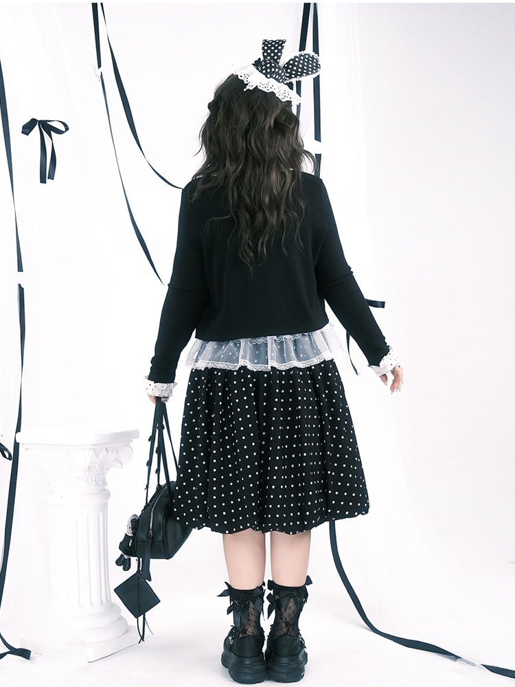 White Below-Knee Zipper with Side Plus Dots Skirt Black Size Polka
