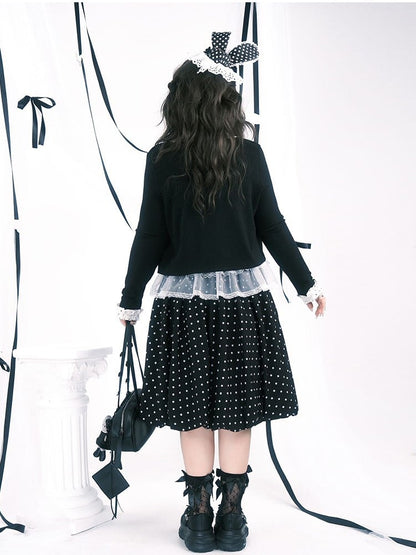 White Below-Knee Zipper with Side Plus Dots Skirt Black Size Polka
