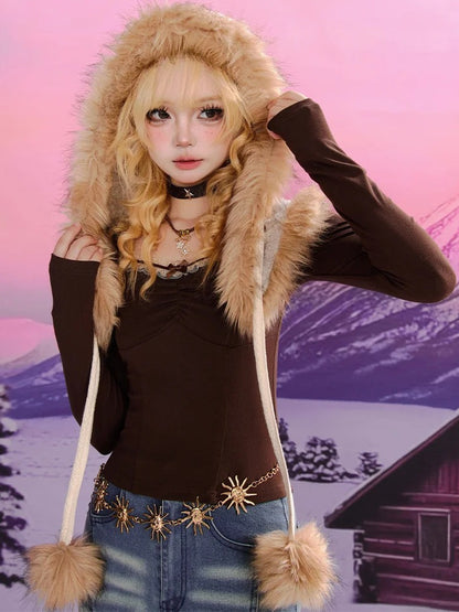 Kaffeebraunes Slim-Fit-Top mit quadratischem Ausschnitt und Spitzenbesatz