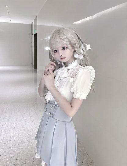 リボンタイ ホワイトレース コントラスト Kei Jirai ハートボタン パッチ付きブラウス