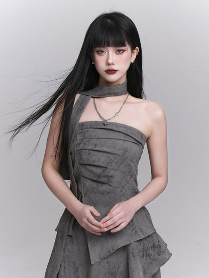 Gray Splatter Punk Matching Layered with Asymmetric Wasteland Neck Ruching Strap Bustier