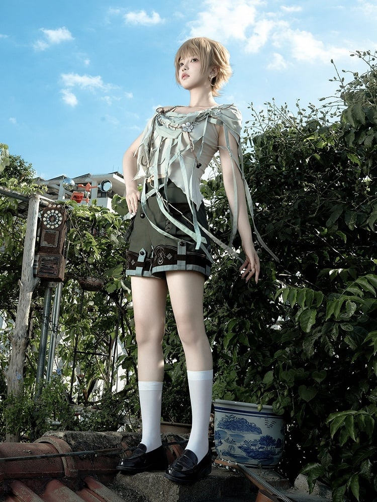 White Sleeveless Top + Asymmetrical Cutout Cape + Dark Green Multi-Button Shorts Set - Unknown Star